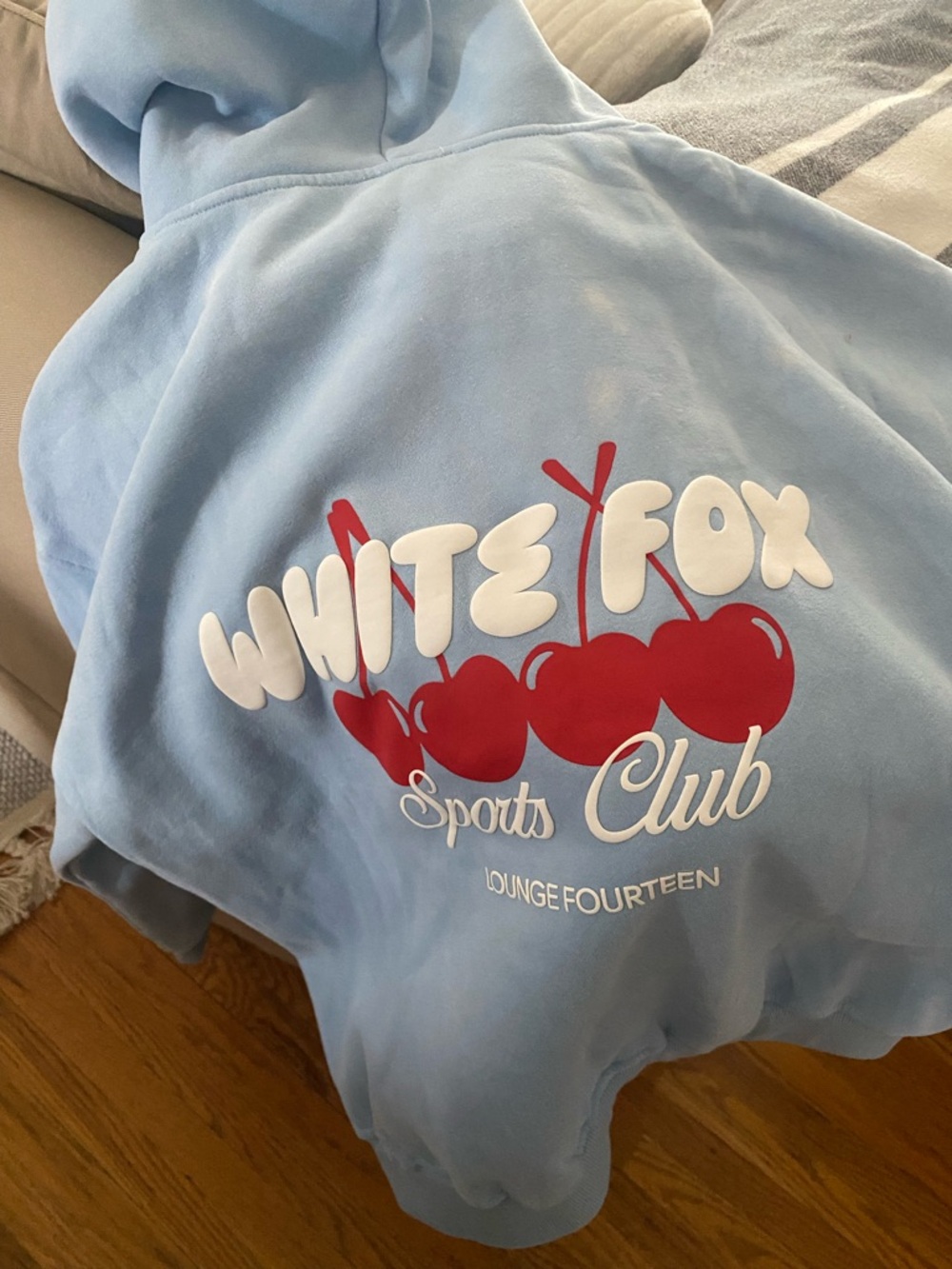 White Fox Boutique Baby Blue Hoodie with Cherry Graphic - Picture 2 of 3